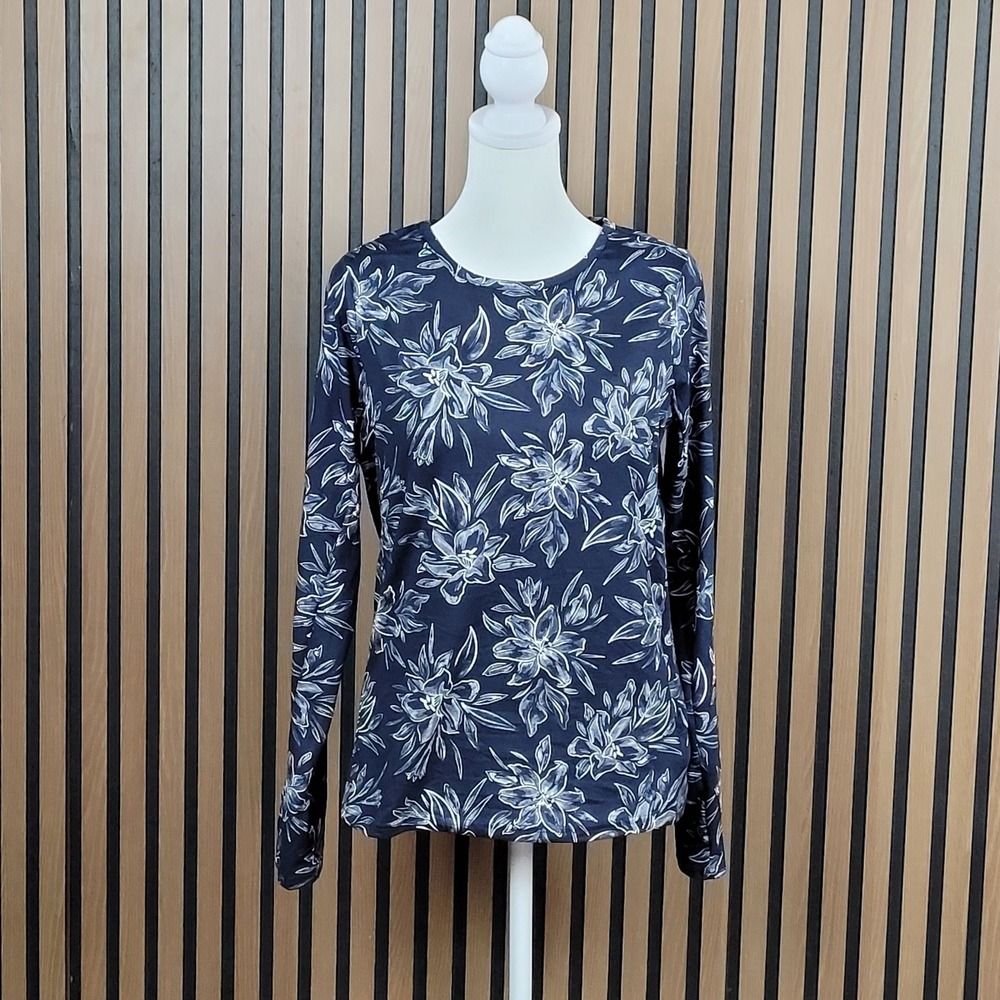 Hang Ten Sun Shirt Women M Navy Blue Floral UPF 50+ Long Sleeve Zip Pocket - NWT